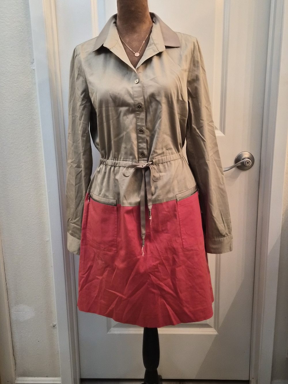 Elie Tahari Farrell Khaki Orange Shirt Dress Size 6